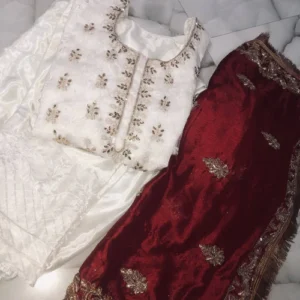 White & Red Pakistani Suit Noor Stitched 3-pc Set
