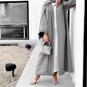 Premium Grey Mozia Kimono Style Abaya 3-Pc Set