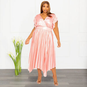 Plus Size V Neck Ruffle Pleated Dress (XL-4XL)