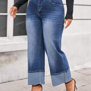 Plus Size Brim Washed Wide Leg Cropped Jeans (XL-4XL)