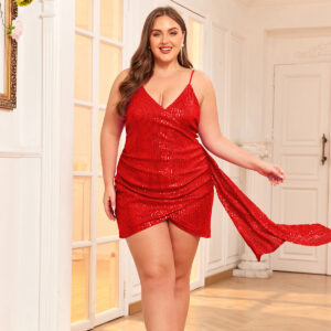 Plus Size Sequined Mid Pleated Strap Dress (XL-4XL)