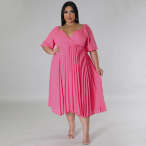Plus Size V neck Hem Pleated Short Sleeve Dress (XL-4XL)