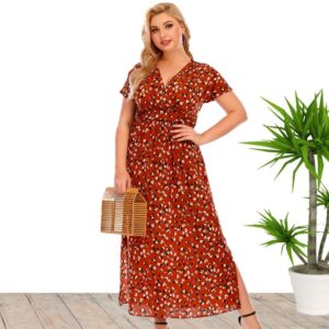 Plus Size  Floral Dress V-neck Split Dress (XL-5XL)