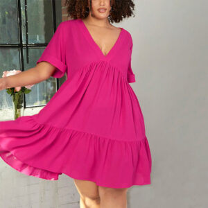 Plus Size Rose Red Short Sleeve Ruffled Dress (XL-3XL)