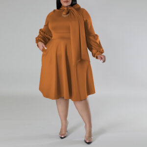 Plus Size  Scarf Bubble Sleeve Mid Length Dress (XL-5XL)