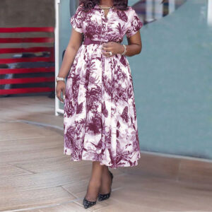 Plus Size Printed Stand Collar Belt Dress (XL-5XL)