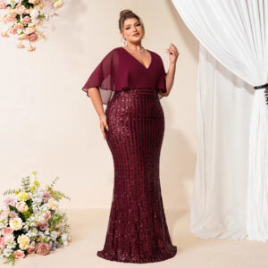 Plus Size Chiffon  Sequined V neck  Cocktail Dress (XL-4XL)