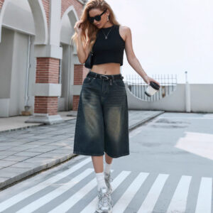 Plus Size Jeans Loose Nostalgic Wide Leg Cropped Denim Shorts (XL-5XL)