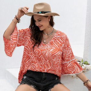 Plus Size Bohemian Orange Casual Floral Stitching Top